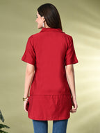 Myshka Women's Solid A-Line Collared Neck Casual Tunic In Red Color