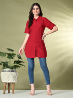 Myshka Women's Solid A-Line Collared Neck Casual Tunic In Red Color
