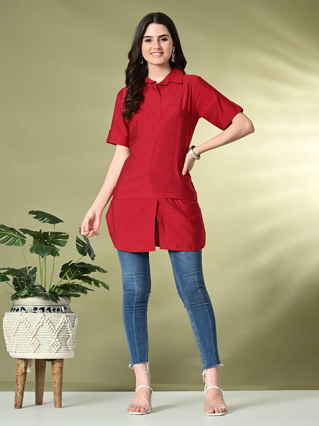 Myshka Women's Solid A-Line Collared Neck Casual Tunic In Red Color