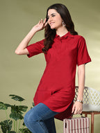 Myshka Women's Solid A-Line Collared Neck Casual Tunic In Red Color