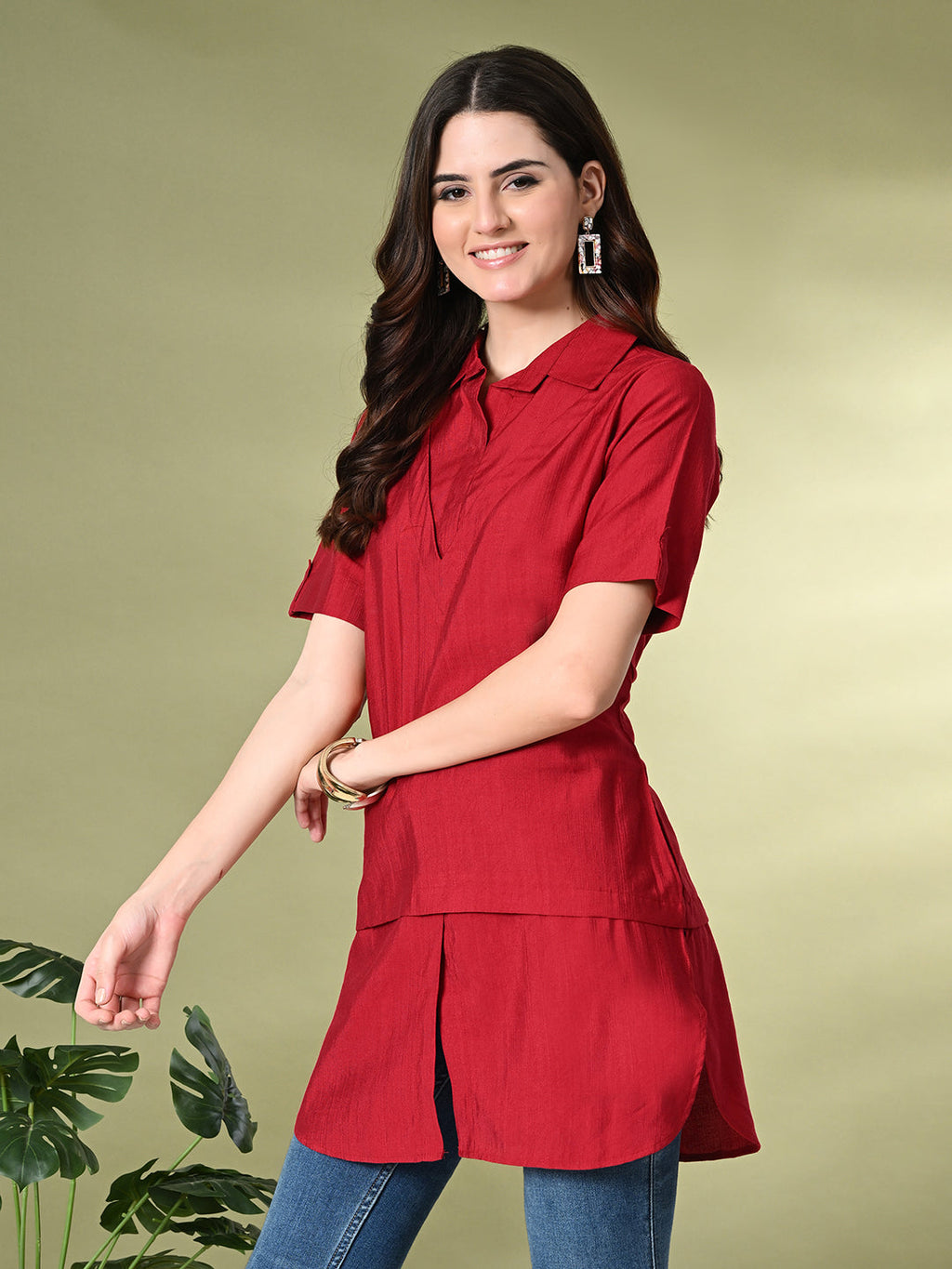 Myshka Women's Solid A-Line Collared Neck Casual Tunic In Red Color