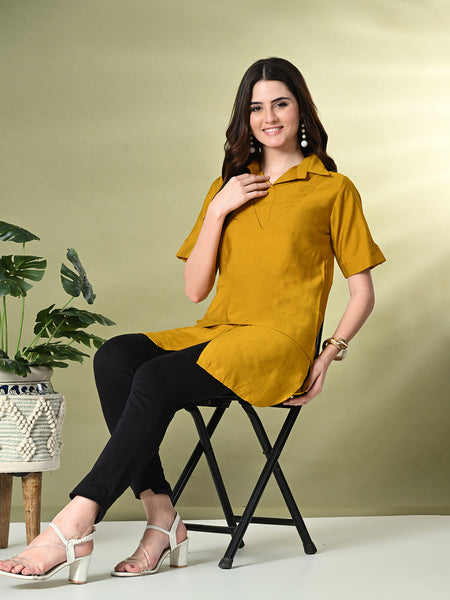 Myshka Women's Solid A-Line Collared Neck Casual Tunic In Mustard Color