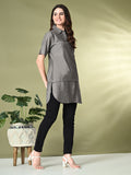 Myshka Women's Solid A-Line Collared Neck Casual Tunic In Grey Color