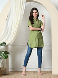 Myshka Women's Solid A-Line Collared Neck Casual Tunic In Green Color