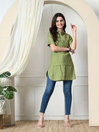 Myshka Women's Solid A-Line Collared Neck Casual Tunic In Green Color