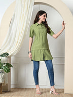 Myshka Women's Solid A-Line Collared Neck Casual Tunic In Green Color