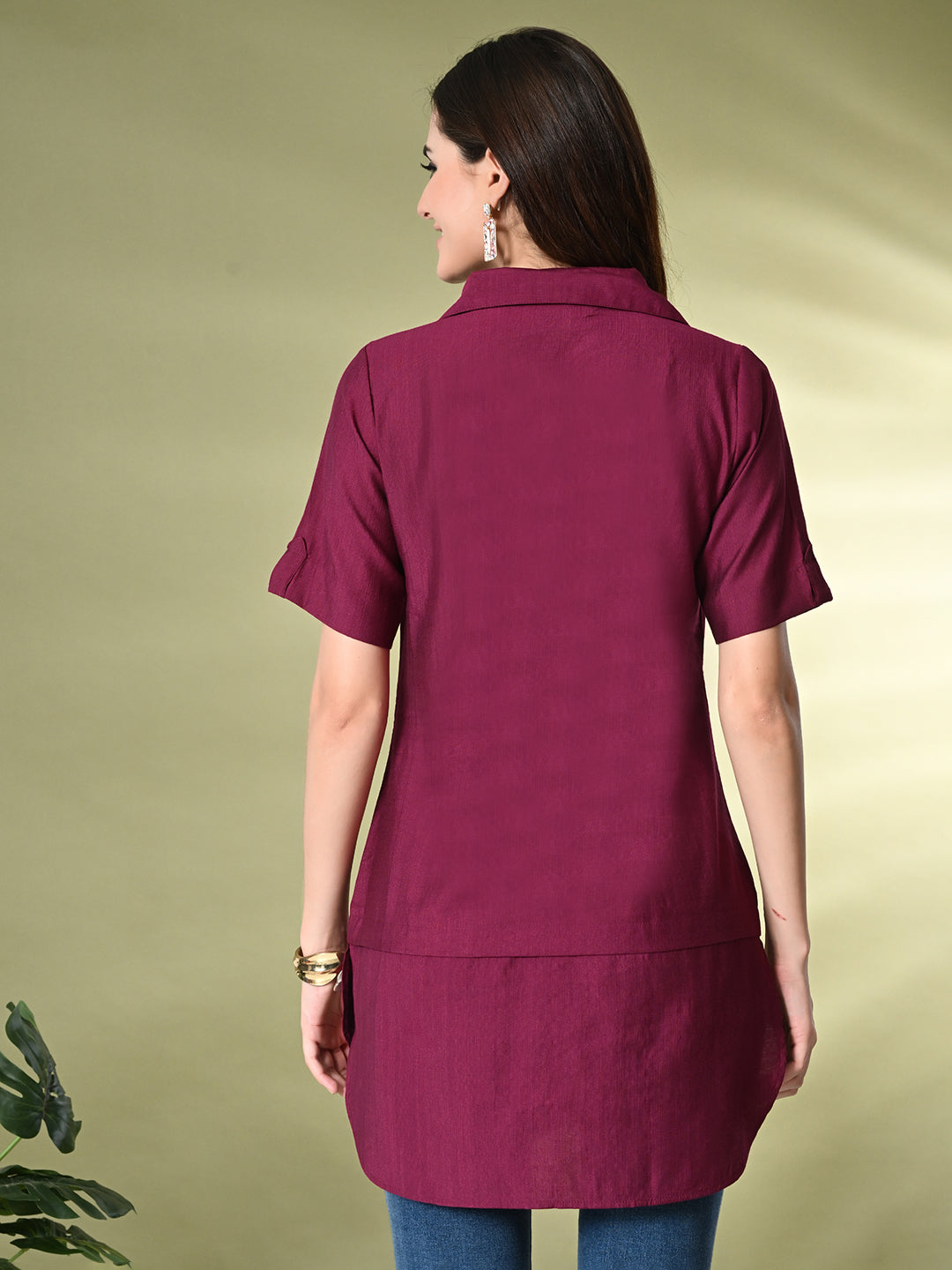 Myshka Women's Solid A-Line Collared Neck Casual Tunic In Wine Color