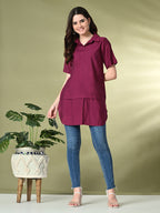 Myshka Women's Solid A-Line Collared Neck Casual Tunic In Wine Color