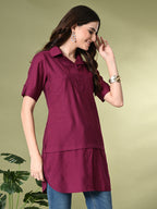 Myshka Women's Solid A-Line Collared Neck Casual Tunic In Wine Color