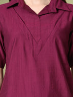Myshka Women's Solid A-Line Collared Neck Casual Tunic In Wine Color