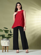 Myshka Women's Solid Embellished Sleeveless Casual Tops In Red Color