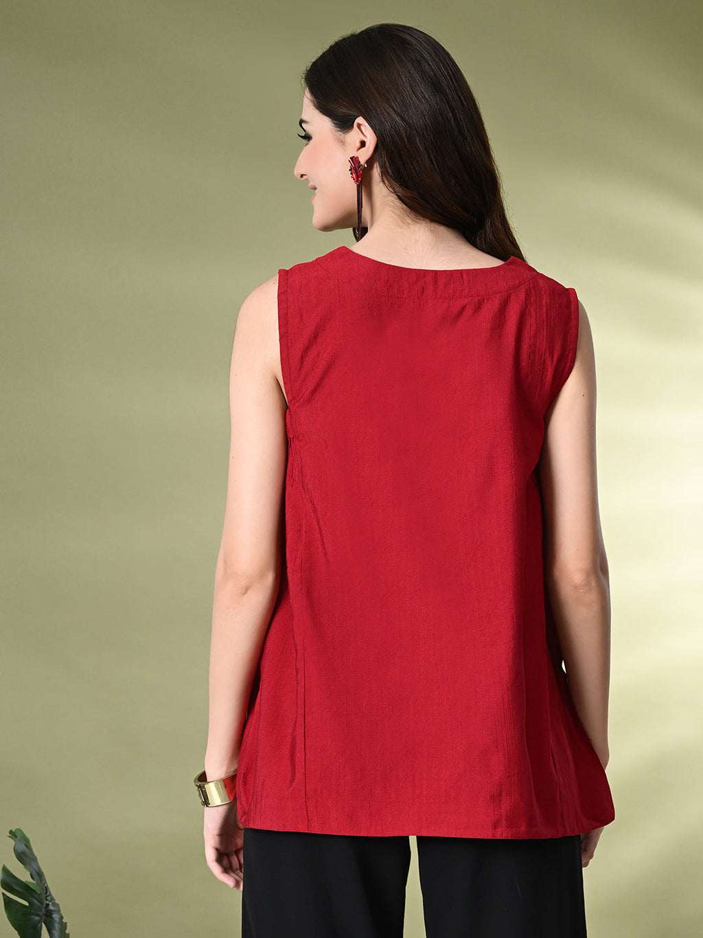 Myshka Women's Solid Embellished Sleeveless Casual Tops In Red Color