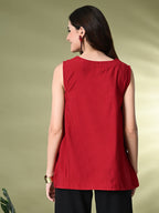 Myshka Women's Solid Embellished Sleeveless Casual Tops In Red Color