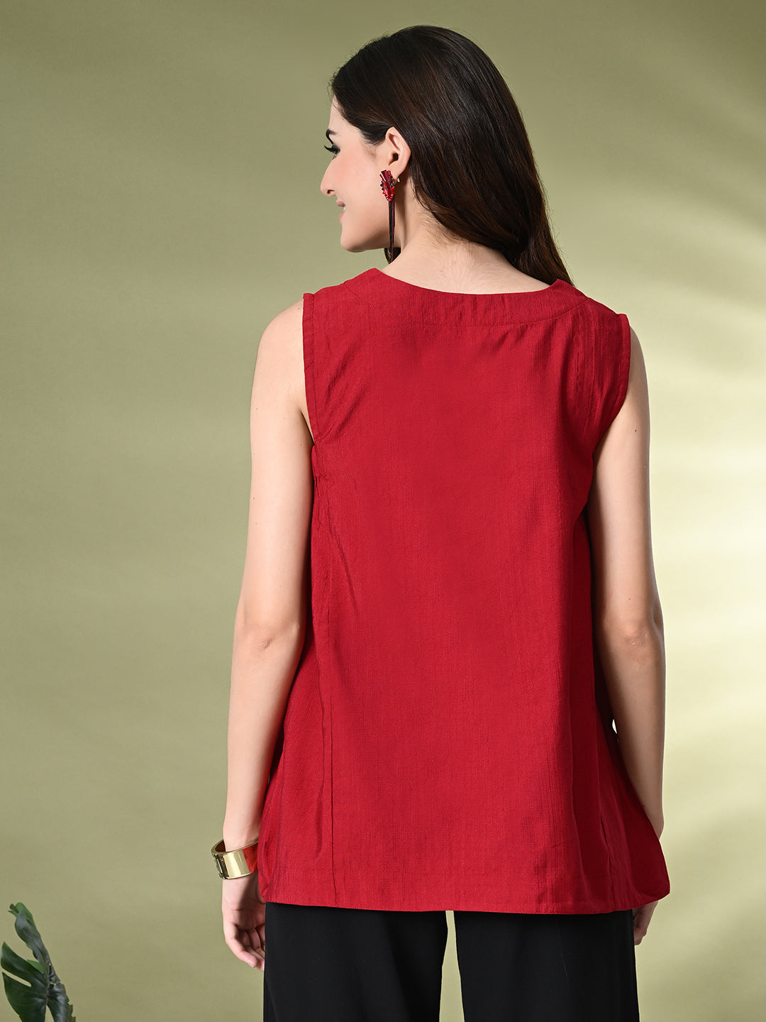 Myshka Women's Solid Embellished Sleeveless Casual Tops In Red Color