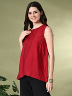 Myshka Women's Solid Embellished Sleeveless Casual Tops In Red Color