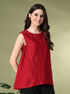 Myshka Women's Solid Embellished Sleeveless Casual Tops In Red Color
