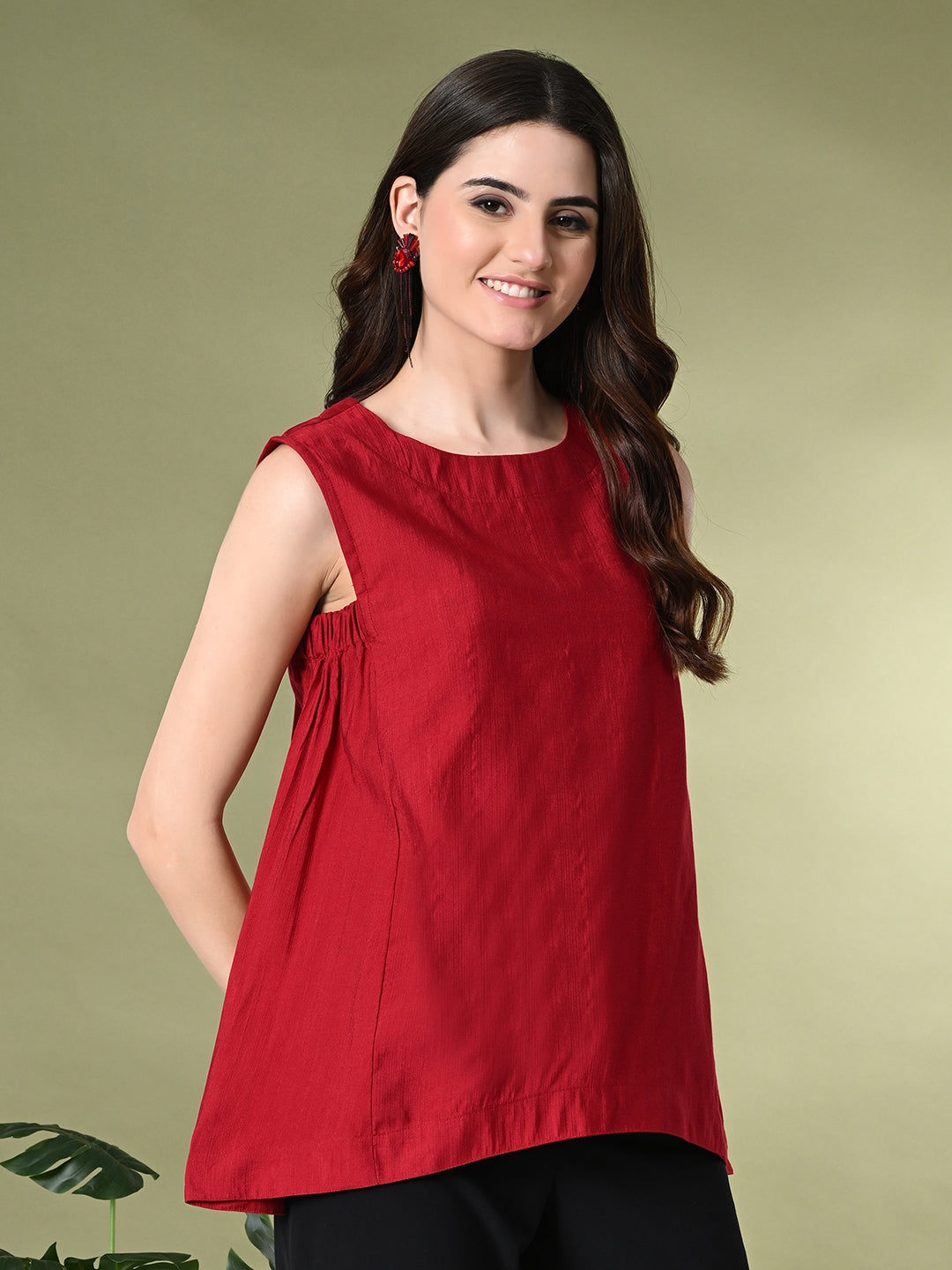 Myshka Women's Solid Embellished Sleeveless Casual Tops In Red Color