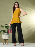 Myshka Women's Solid Embellished Sleeveless Casual Tops In Mustard Color