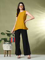 Myshka Women's Solid Embellished Sleeveless Casual Tops In Mustard Color