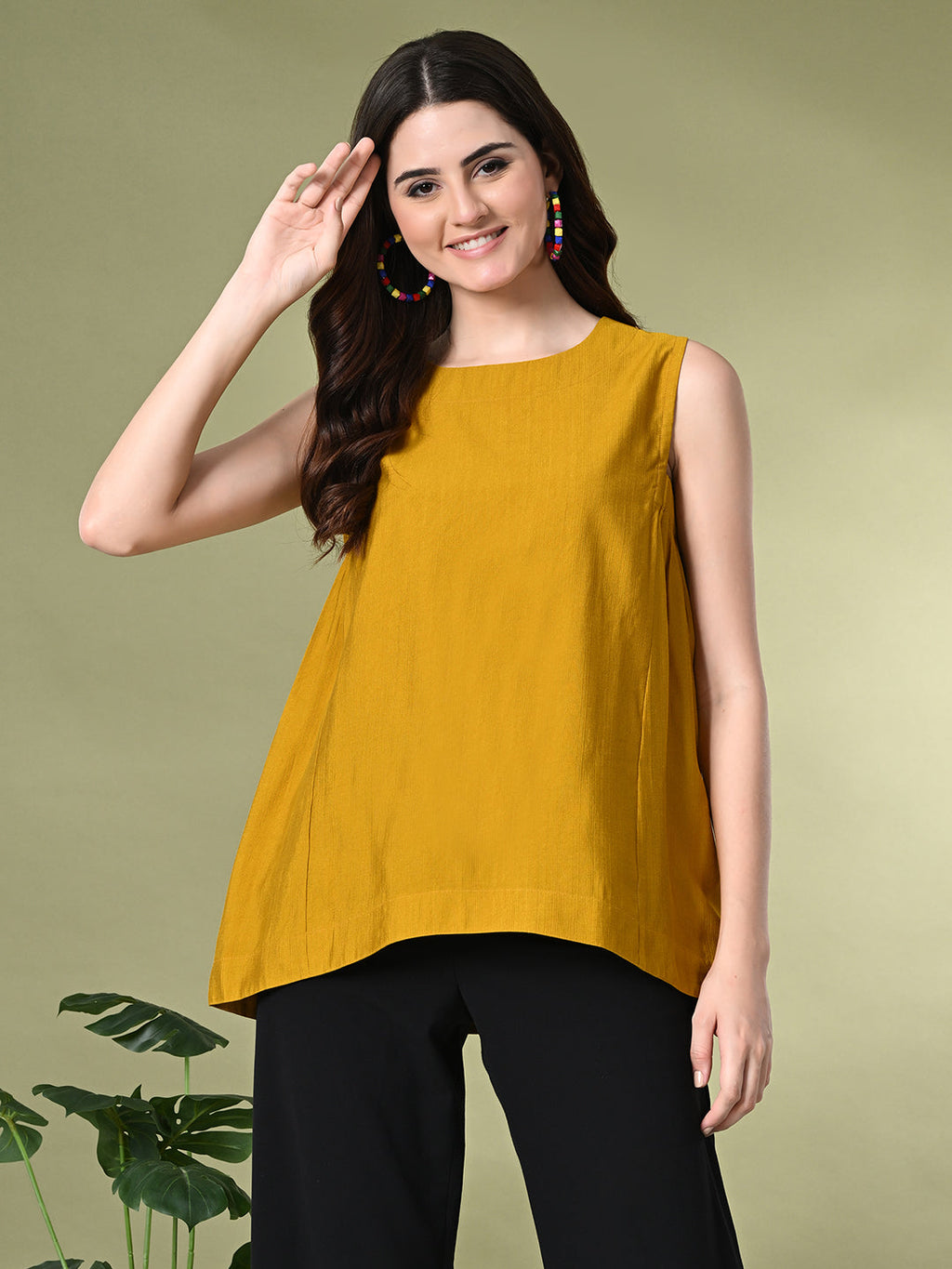 Myshka Women's Solid Embellished Sleeveless Casual Tops In Mustard Color