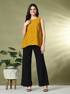 Myshka Women's Solid Embellished Sleeveless Casual Tops In Mustard Color
