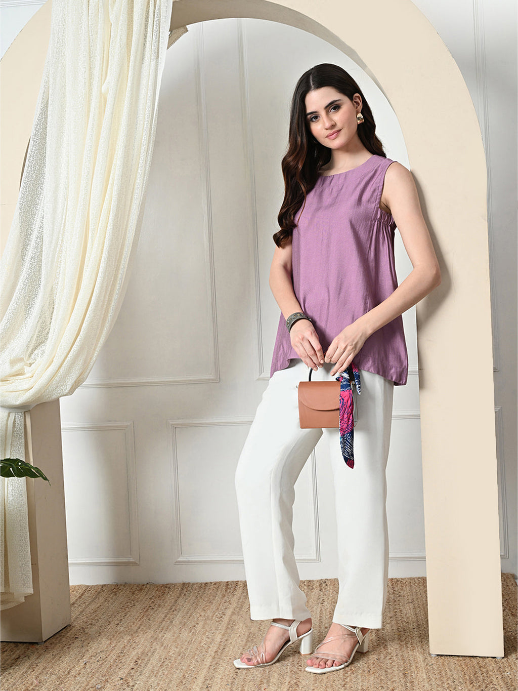 Myshka Women's Solid Embellished Sleeveless Casual Tops In Lavender Color