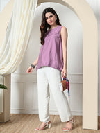 Myshka Women's Solid Embellished Sleeveless Casual Tops In Lavender Color
