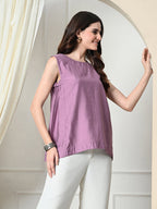 Myshka Women's Solid Embellished Sleeveless Casual Tops In Lavender Color
