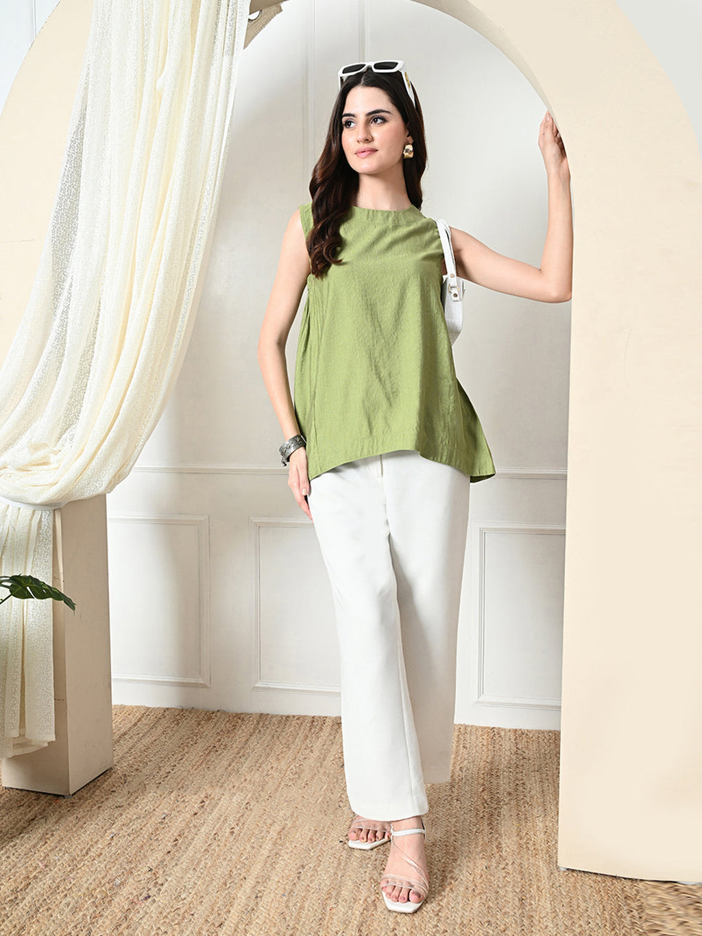 Myshka Women's Solid Embellished Sleeveless Casual Tops In Green Color