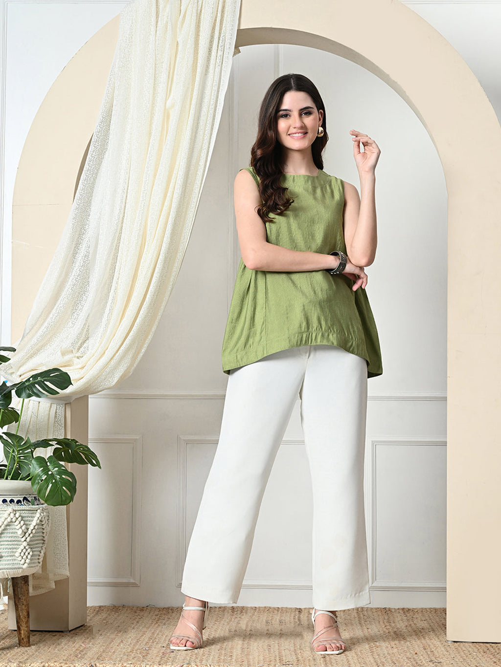 Myshka Women's Solid Embellished Sleeveless Casual Tops In Green Color