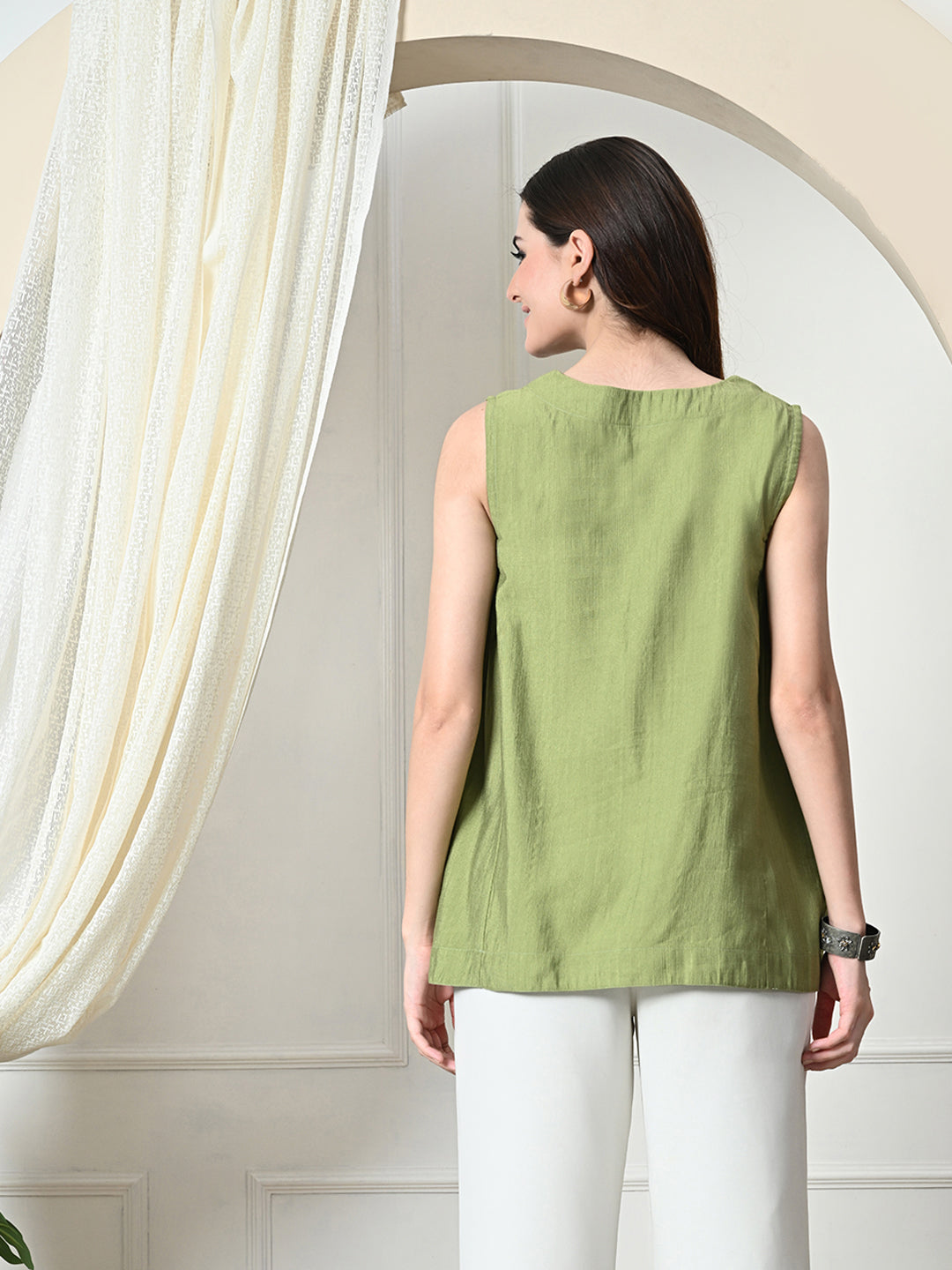 Myshka Women's Solid Embellished Sleeveless Casual Tops In Green Color