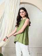 Myshka Women's Solid Embellished Sleeveless Casual Tops In Green Color