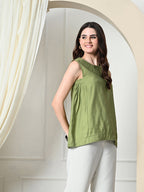 Myshka Women's Solid Embellished Sleeveless Casual Tops In Green Color
