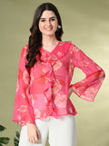 Myshka Women's Printed Georgette Embellished Long Sleeves Casual Tops In Pink Color