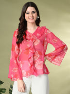 Myshka Women's Printed Georgette Embellished Long Sleeves Casual Tops In Pink Color