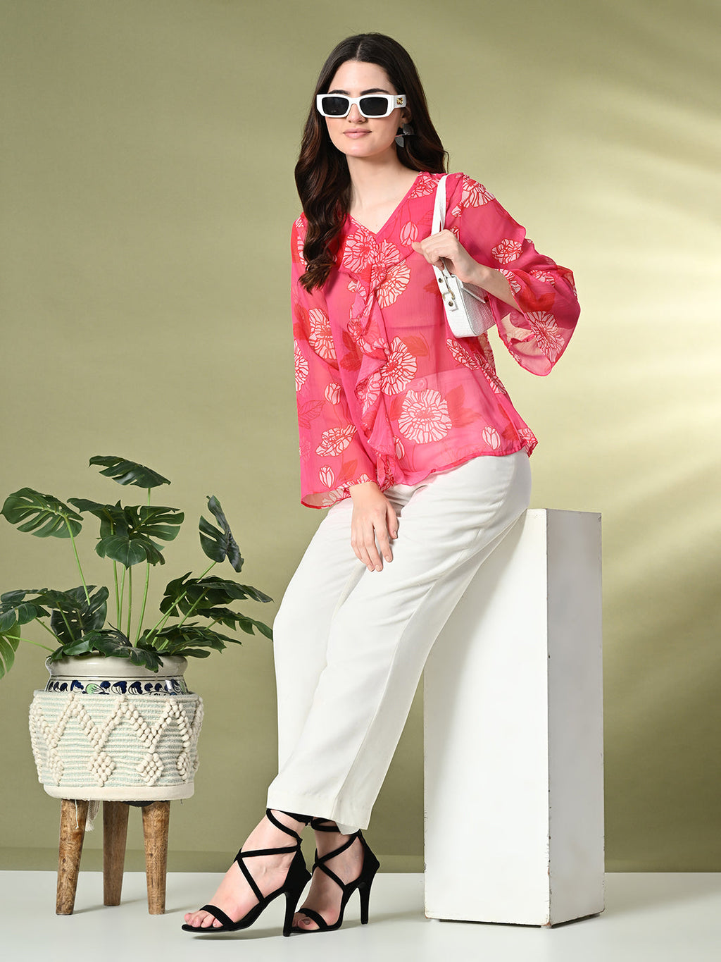 Myshka Women's Printed Georgette Embellished Long Sleeves Casual Tops In Pink Color