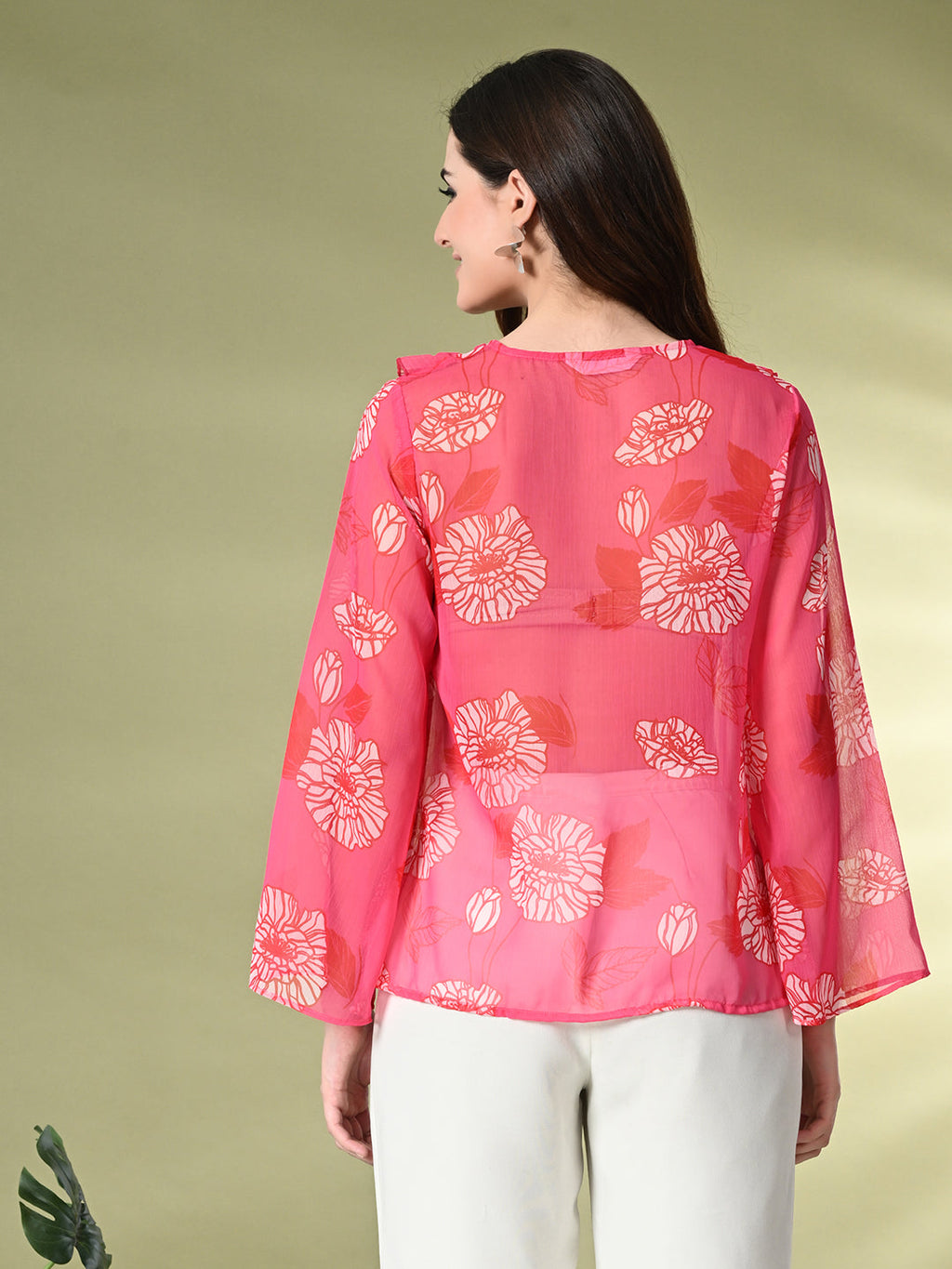 Myshka Women's Printed Georgette Embellished Long Sleeves Casual Tops In Pink Color