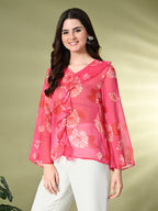 Myshka Women's Printed Georgette Embellished Long Sleeves Casual Tops In Pink Color