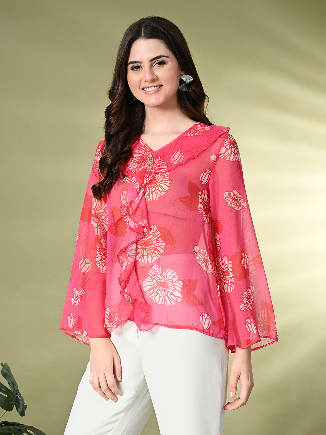 Myshka Women's Printed Georgette Embellished Long Sleeves Casual Tops In Pink Color