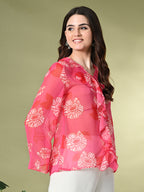 Myshka Women's Printed Georgette Embellished Long Sleeves Casual Tops In Pink Color