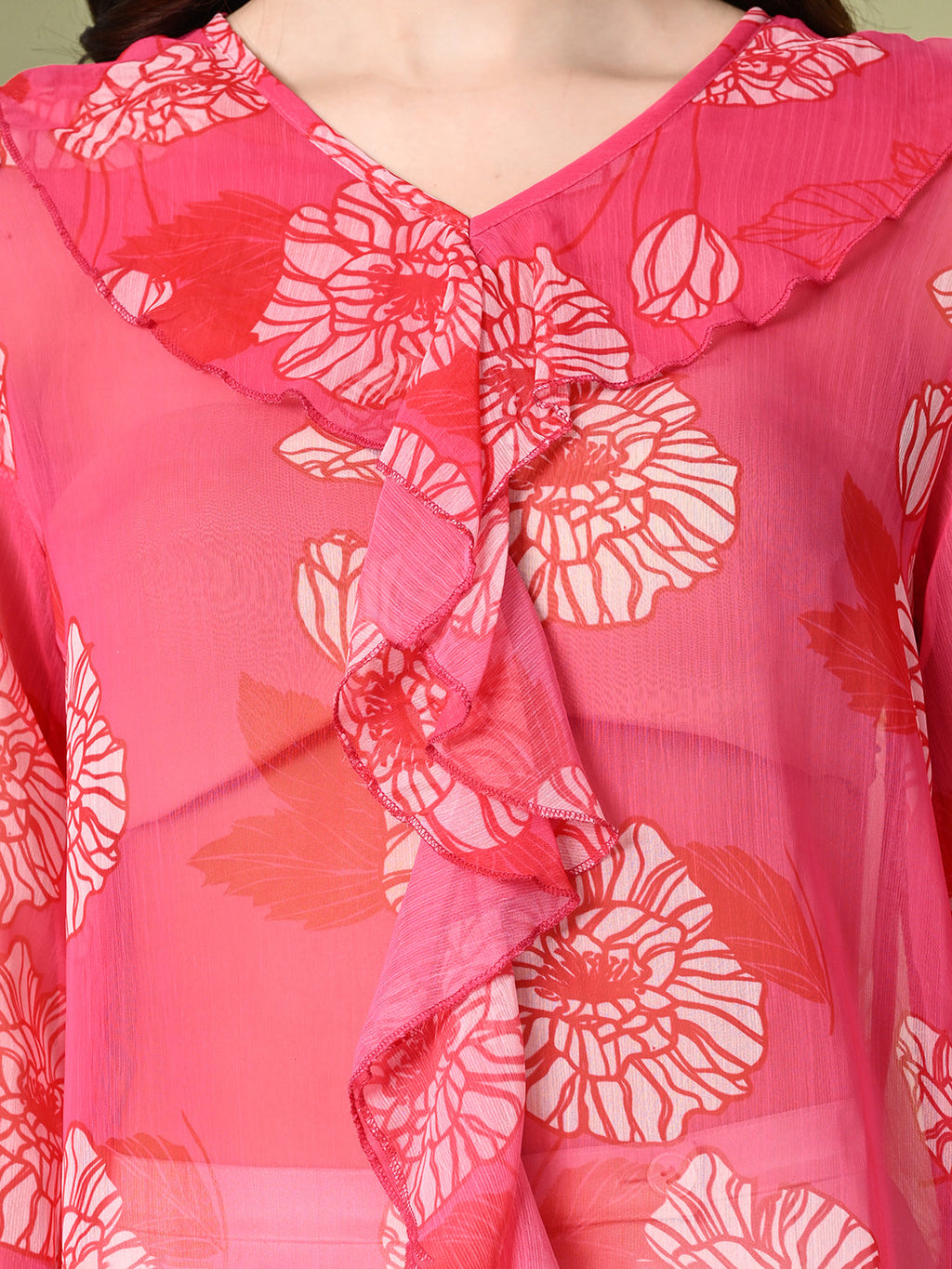Myshka Women's Printed Georgette Embellished Long Sleeves Casual Tops In Pink Color