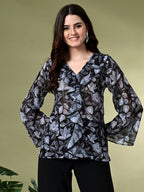 Myshka Women's Printed Georgette Embellished Long Sleeves Casual Tops In Black Color