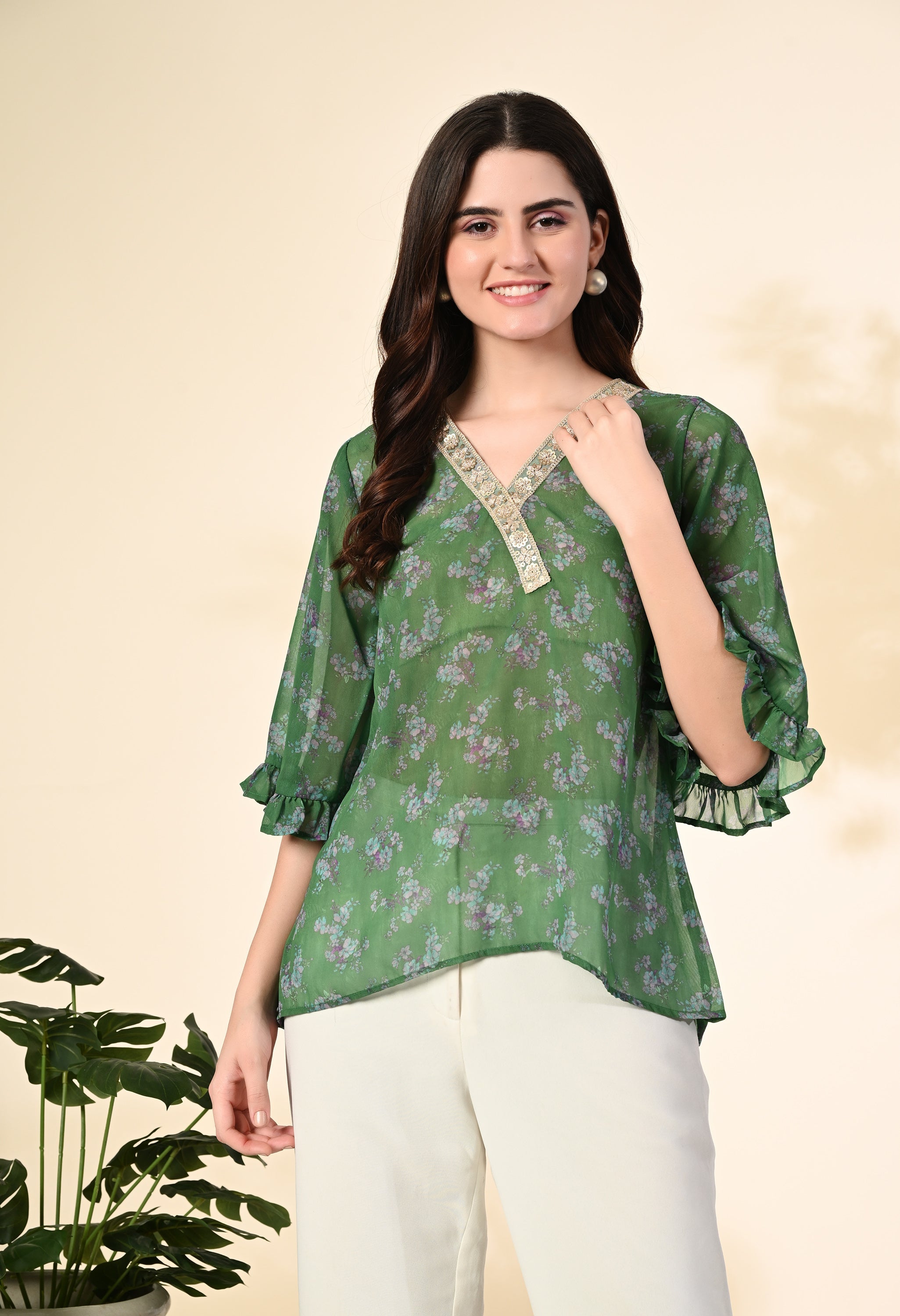 Myshka Women's Printed Georgette Embellished Bell Sleeves Party Tops In Green Color