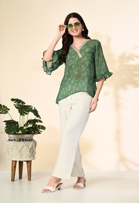 Myshka Women's Printed Georgette Embellished Bell Sleeves Party Tops In Green Color