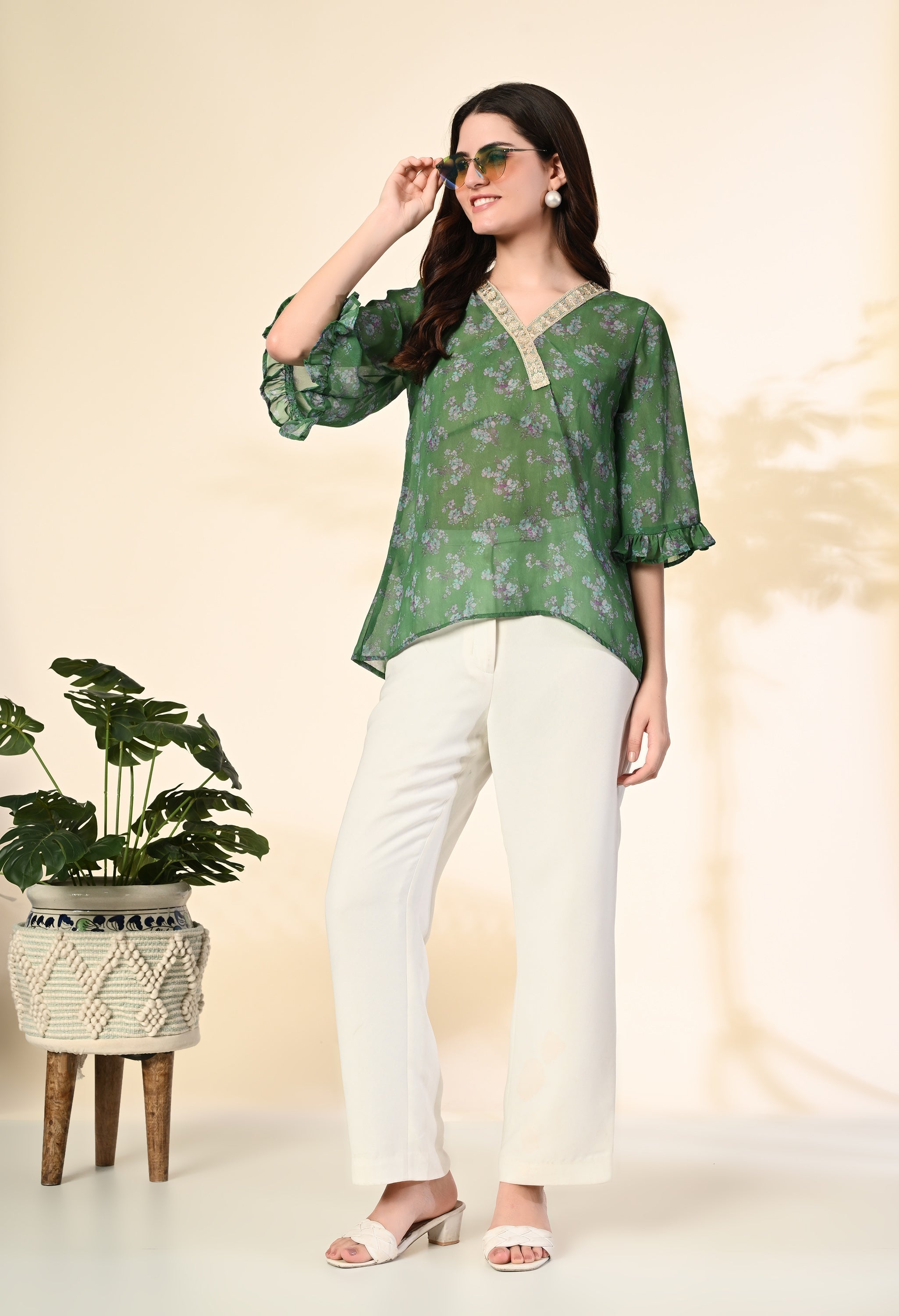 Myshka Women's Printed Georgette Embellished Bell Sleeves Party Tops In Green Color