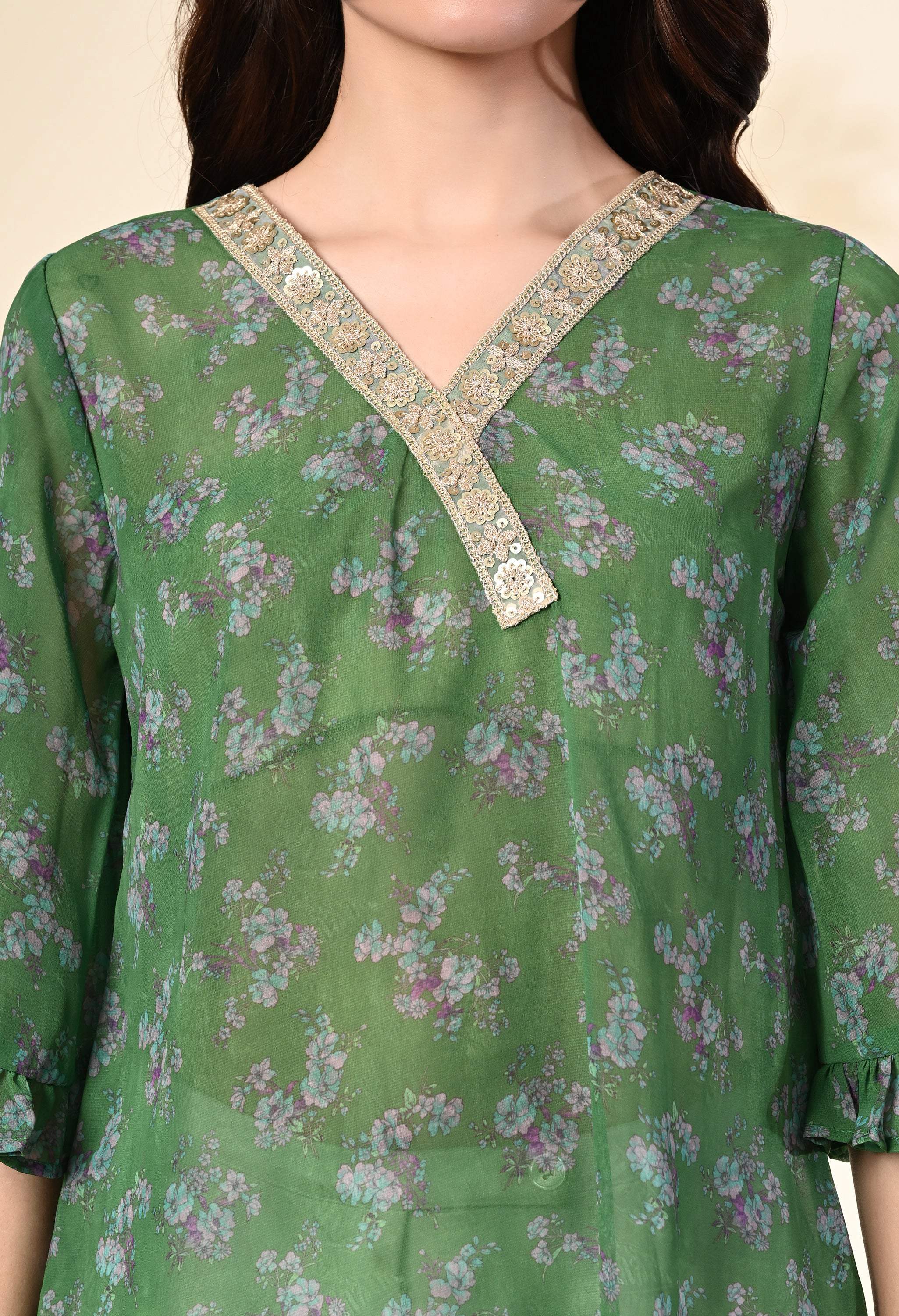 Myshka Women's Printed Georgette Embellished Bell Sleeves Party Tops In Green Color