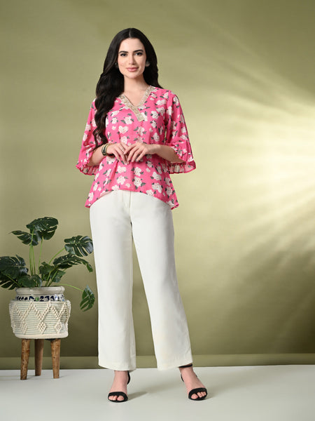 Myshka Women's Printed Georgette Embellished Bell Sleeves Party Tops In Pink Color