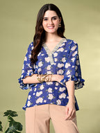Myshka Women's Printed Georgette Embellished Bell Sleeves Party Tops In Blue Color