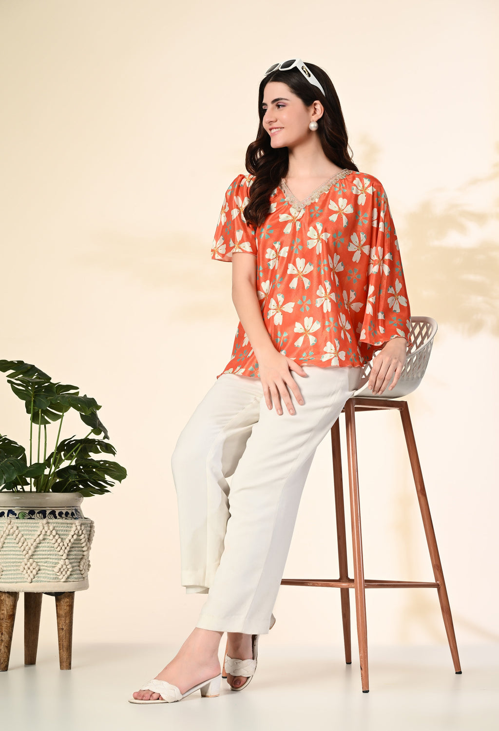 Myshka Women's Printed Chinon Kaftan Style Flayerd Sleeves Party Tops In Orange Color