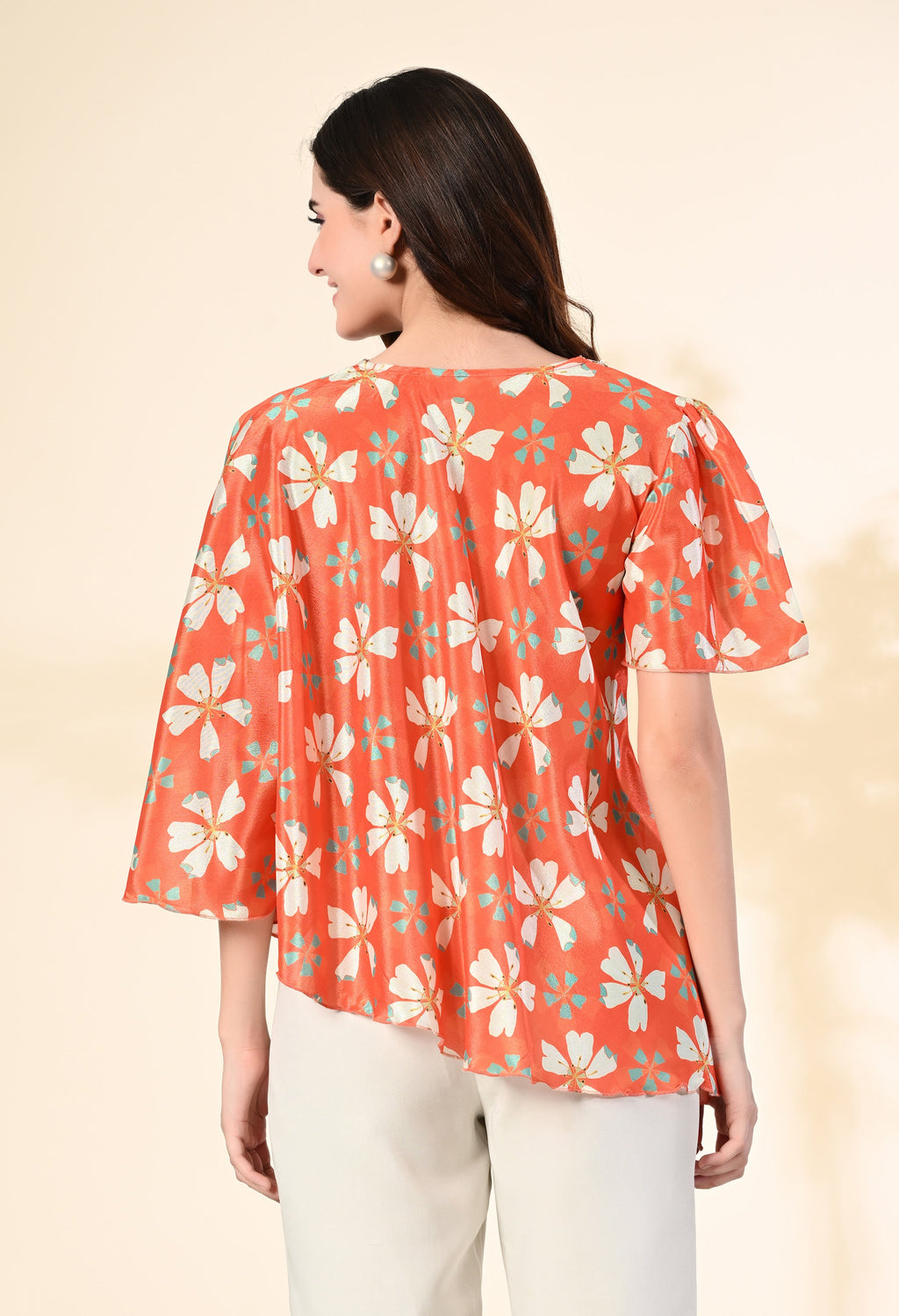 Myshka Women's Printed Chinon Kaftan Style Flayerd Sleeves Party Tops In Orange Color